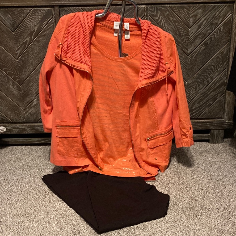 Chico’s sweet papaya Jacket and zebra pattern Tshirt & brown pull on Pants Set